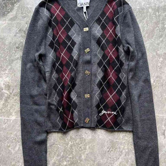 ๐๐Ganni Gray Argyle Cardigan For Women - Picture 2 of 9